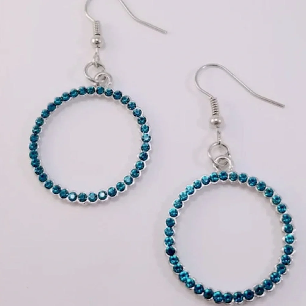 Crystal Hoop Earrings Blue Rhinestone Pierced New